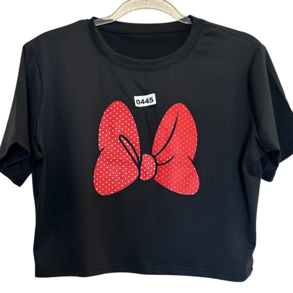 Unbranded Chic Black Crop Top with Red Bow Accent Junior XXL short sleeves